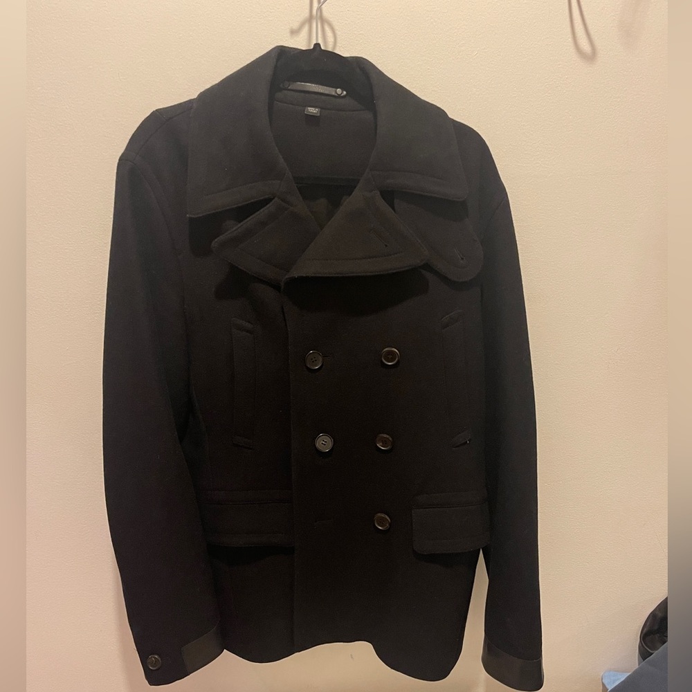All Saints Men’s Black Peacoat with Leather Accent